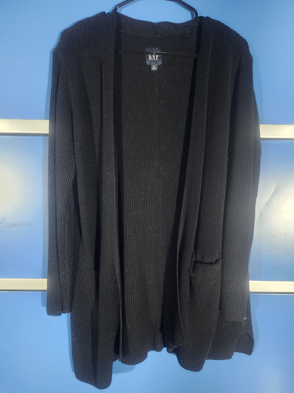 GAP Black Open-Front Ribbed Cardigan with Pockets - Size XL